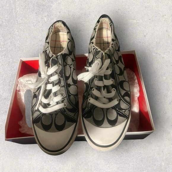 COACH BARRETT LOW-TOP CANVAS LOGO SNEAKERS, GRAY-BLACK, LEATHER TRIM, SZ 8.5 - Picture 1 of 15